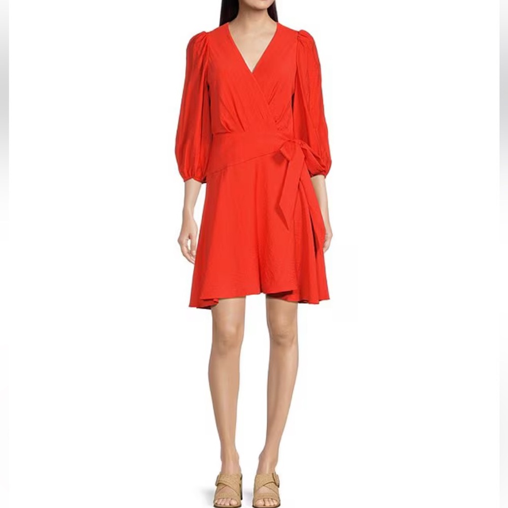 Alex Marie Chasing Sunset Orange Enola Surplice V-Neck 3/4 Sleeve Wrap Dress NWT